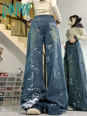 Lunivop Women’s Graffiti Print Pattern Design Y2K Unisex Jeans Vintage Street Casual Denim