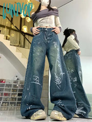 Lunivop Women’s Graffiti Print Pattern Design Y2K Unisex Jeans Vintage Street Casual Denim