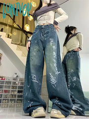 Lunivop Women’s Graffiti Print Pattern Design Y2K Unisex Jeans Vintage Street Casual Denim