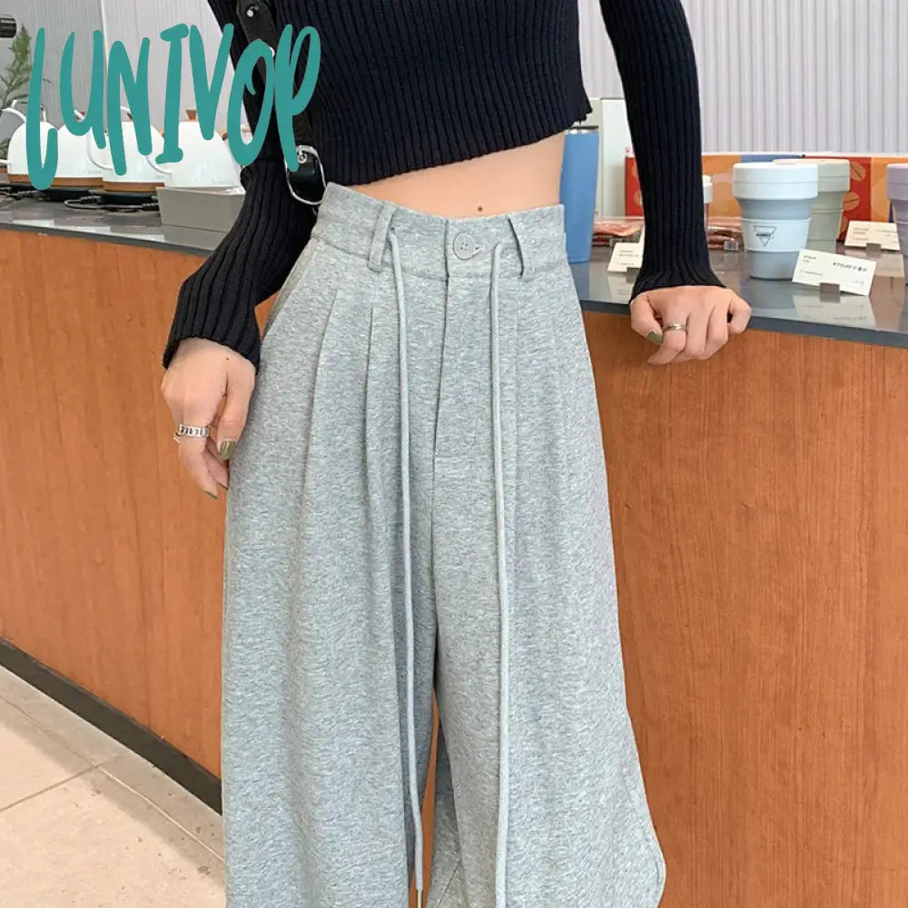 Lunivop Women’s Grey Drawstring Simple Sweatpants Spring Autumn New Sports Style Female High