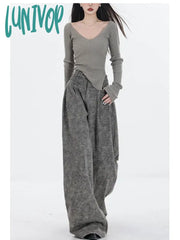 Lunivop Women’s Grey Wide Leg Jeans American Vintage Casual Temperament Denim Trousers Female