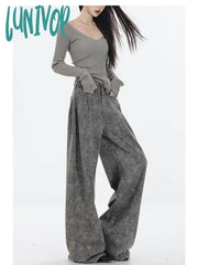 Lunivop Women’s Grey Wide Leg Jeans American Vintage Casual Temperament Denim Trousers Female