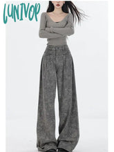 Lunivop Women’s Grey Wide Leg Jeans American Vintage Casual Temperament Denim Trousers Female