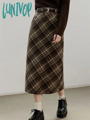 Lunivop Women’s Grid Line Color Contrast Woolen A-Line Mid-Calf Skirt Autumn Winter Christmas