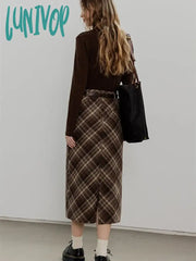Lunivop Women’s Grid Line Color Contrast Woolen A-Line Mid-Calf Skirt Autumn Winter Christmas