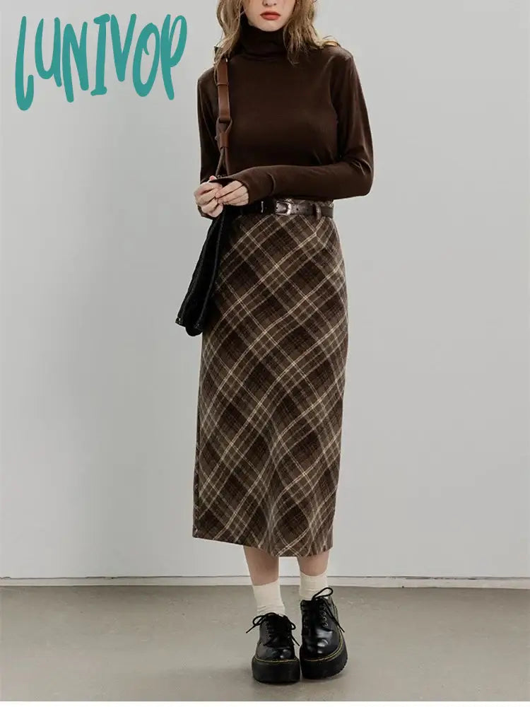 Lunivop Women’s Grid Line Color Contrast Woolen A-Line Mid-Calf Skirt Autumn Winter Christmas
