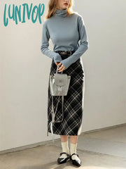 Lunivop Women’s Grid Line Color Contrast Woolen A-Line Mid-Calf Skirt Autumn Winter Christmas