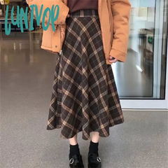 Lunivop Women’s Grid Line Color Contrast Woolen A-Line Umbrella Skirt Autumn Winter Christmas