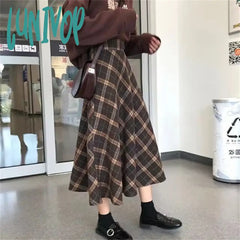 Lunivop Women’s Grid Line Color Contrast Woolen A-Line Umbrella Skirt Autumn Winter Christmas