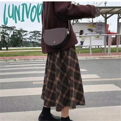 Lunivop Women’s Grid Line Color Contrast Woolen A-Line Umbrella Skirt Autumn Winter Christmas