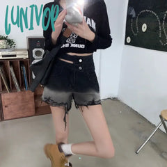 Lunivop Women’s High Waist Chic Design Gradient Black Denim Shorts Street Cool Style Female