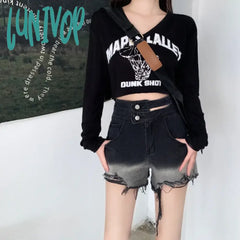 Lunivop Women’s High Waist Chic Design Gradient Black Denim Shorts Street Cool Style Female