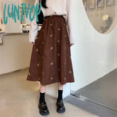 Lunivop Women’s High Waist Corduroy Embroidery Flowers Long Skirt Spring Autumn New Style Elastic