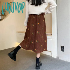 Lunivop Women’s High Waist Corduroy Embroidery Flowers Long Skirt Spring Autumn New Style Elastic