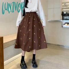Lunivop Women’s High Waist Corduroy Embroidery Flowers Long Skirt Spring Autumn New Style Elastic