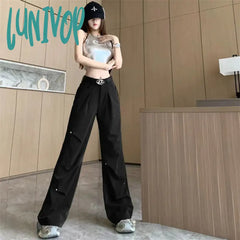 Lunivop Women’s High Waist Fold Design Casual Trousers Commuter Style Loose Wide Legs Bottoms