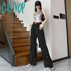Lunivop Women’s High Waist Fold Design Casual Trousers Commuter Style Loose Wide Legs Bottoms