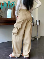 Lunivop Women’s High Waist Khaki Casual Straight Cargo Pants American Street Unisex Style Hip-Hop