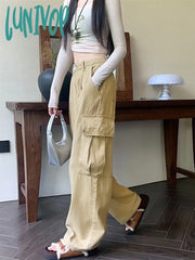 Lunivop Women’s High Waist Khaki Casual Straight Cargo Pants American Street Unisex Style Hip-Hop