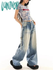 Lunivop Women’s High Waist Tie Dyed Light Blue Jeans Vintage American Street Style Casual Wide
