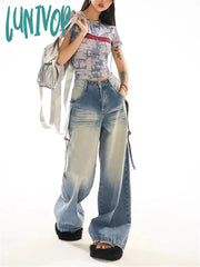 Lunivop Women’s High Waist Tie Dyed Light Blue Jeans Vintage American Street Style Casual Wide