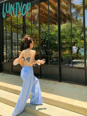 Lunivop Women’s High Waist Vertical Stripe Wide Leg Pants Summer Autumn New Chic Fashion Street