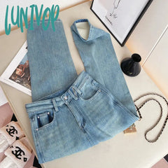 Lunivop Women’s High Waist Wide Leg Plush Warm Light Blue Jeans Autumn Winter American Street
