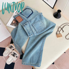Lunivop Women’s High Waist Wide Leg Plush Warm Light Blue Jeans Autumn Winter American Street