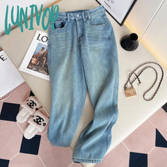 Lunivop Women’s High Waist Wide Leg Plush Warm Light Blue Jeans Autumn Winter American Street