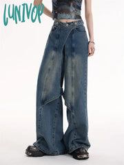 Lunivop Women’s High Waist Wide Leg Slice Design Jeans American Vintage Unisex Style Casual Pants