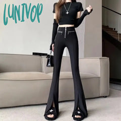 Lunivop Women’s High Waist Zipper Design Casual Slim Trousers Commuter Style Bottoms Female