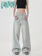 Lunivop Women’s High Waisted Baby Blue Loose Vintage Jeans American Street Style Cowboy Pants