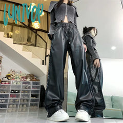 Lunivop Women’s High Waisted Design Loose Wide Leg Pu Leather Trousers Street Casual Classic