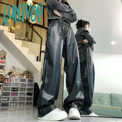 Lunivop Women’s High Waisted Design Loose Wide Leg Pu Leather Trousers Street Casual Classic