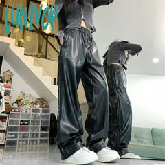 Lunivop Women’s High Waisted Design Loose Wide Leg Pu Leather Trousers Street Casual Classic