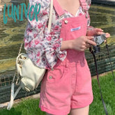 Lunivop Women’s High Waisted Pink Color Overalls Shorts Vintage Wide Leg Loose Denim Jumpsuit