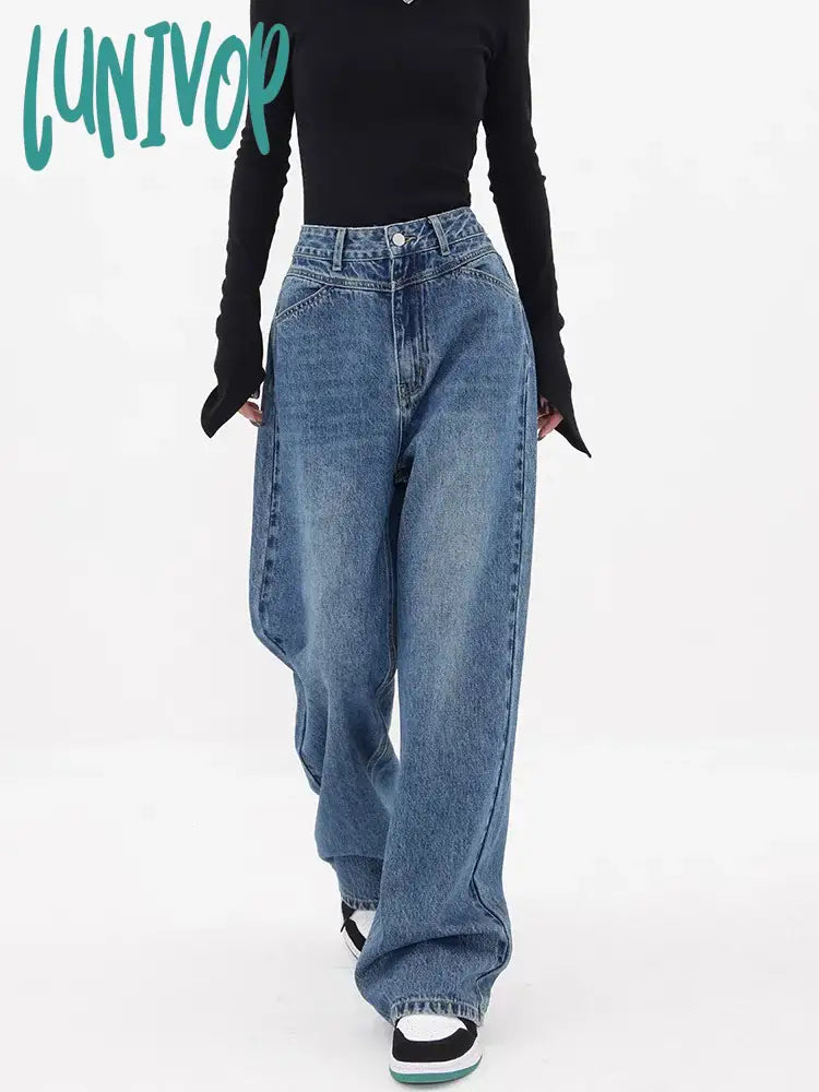 Lunivop Women’s High Waisted Straight Blue Jeans Vintage American Street Style Cowboy Pants