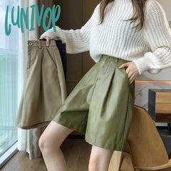 Lunivop Women’s High Waisted Wide Leg Pu Leather Shorts Autumn Winter New Temperament Female