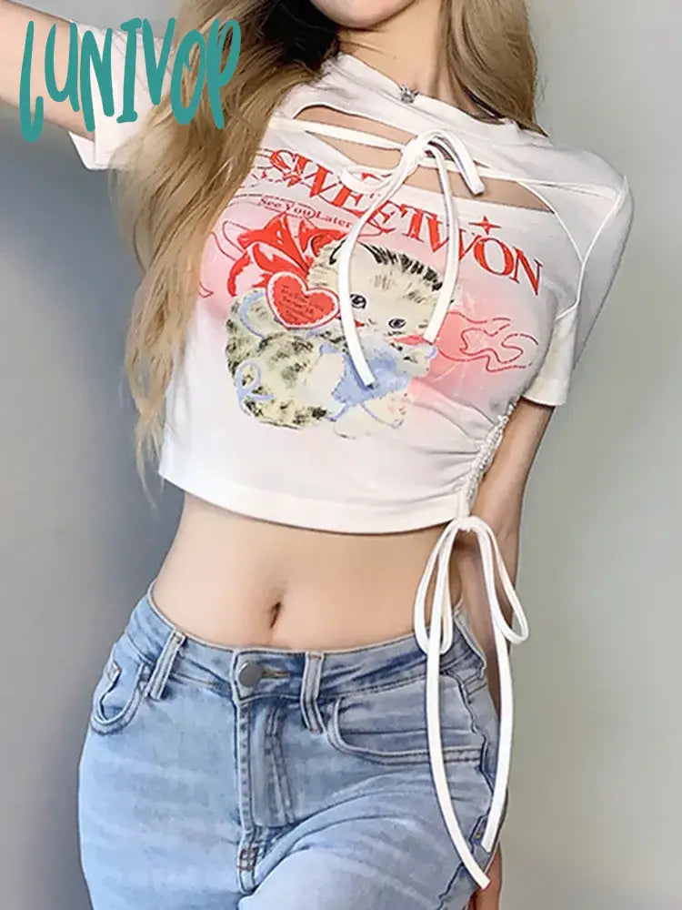 Lunivop Women’s Hollow Crop Top Kawaii Cat Print T-Shirt Short Sleeve Streetwear Harajuku Y2K
