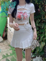 Lunivop Women’s Hollow Crop Top Kawaii Cat Print T-Shirt Short Sleeve Streetwear Harajuku Y2K