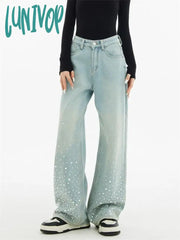 Lunivop Women’s Hot Diamond Star Design High Waisted Baby Blue Jeans Street Style Cowboy Pants