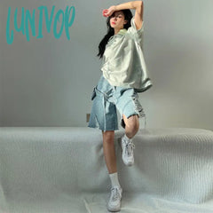 Lunivop Women’s Irregular Design Broken Hole Denim Shorts Chic Fashion Street Loose Wide Leg Knee