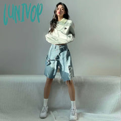 Lunivop Women’s Irregular Design Broken Hole Denim Shorts Chic Fashion Street Loose Wide Leg Knee
