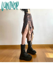 Lunivop Women’s Irregular Skirt Harajuku Y2K Vintage Long Brown Skirts 90S Aesthetic Korean
