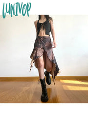 Lunivop Women’s Irregular Skirt Harajuku Y2K Vintage Long Brown Skirts 90S Aesthetic Korean