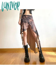 Lunivop Women’s Irregular Skirt Harajuku Y2K Vintage Long Brown Skirts 90S Aesthetic Korean