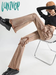 Lunivop Women’s Khaki Butterfly Splicing Micro Flared Jeans Baggy Vintage Y2K Denim Trousers Wide