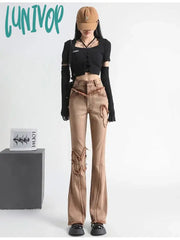 Lunivop Women’s Khaki Butterfly Splicing Micro Flared Jeans Baggy Vintage Y2K Denim Trousers Wide