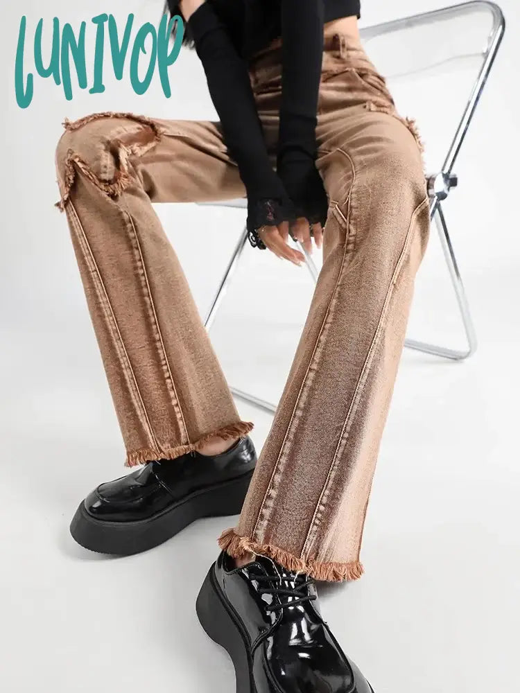 Lunivop Women’s Khaki Butterfly Splicing Micro Flared Jeans Baggy Vintage Y2K Denim Trousers Wide