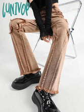 Lunivop Women’s Khaki Butterfly Splicing Micro Flared Jeans Baggy Vintage Y2K Denim Trousers Wide